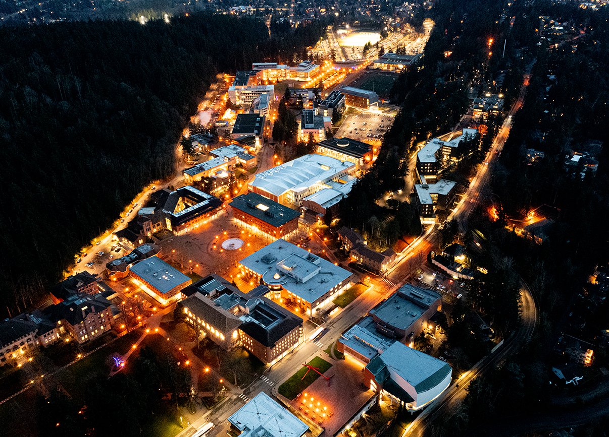 aerial view of Western's campus at night, with golden lights surrounded by dark trees