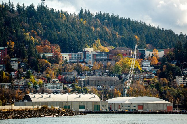 View of Western's campus from Bellingham Bay