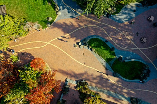 Overhead view of the walkway next to the Biology building, which has yellow brick rivers representing currents in the red brick sea representing Bellingham Bay