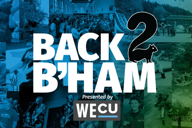 Back 2 B'ham poster has a collage of past activities and people engaged on campus