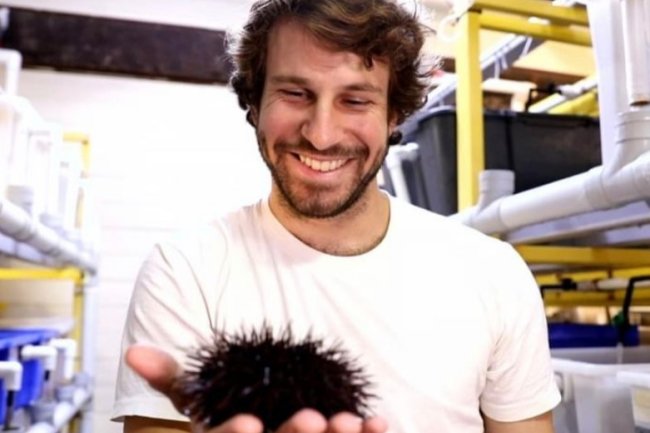 Mitch Gibbs smiles while holding a live sea urchin 