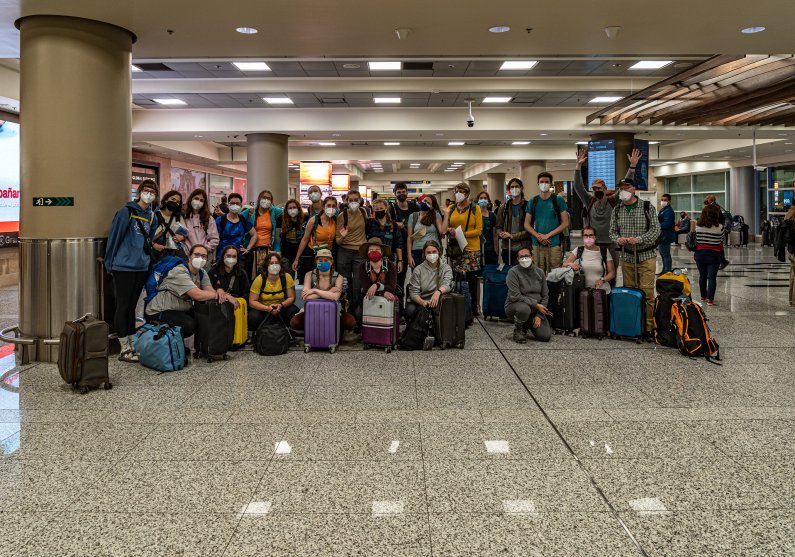 Students and faculty gather at the airport for their trip to Ecuador.