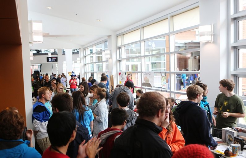 The annual Associated Students Info Fair, typically held in Red Square, was held in the Viking Union Multipurpose Room, the PAC Plaza and other spaces throughout the VU, like here in front of the VU Cafe. Photo by Matthew Anderson | WWU