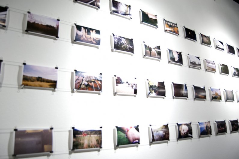 Photos line a wall of the VU Gallery as part of the An Experiment exhibit opening Monday, January 9. The exhibit features photos taken by random people who were handed cameras and given free reign to shoot what they wanted. Photo by Jeremy Smith | Univers