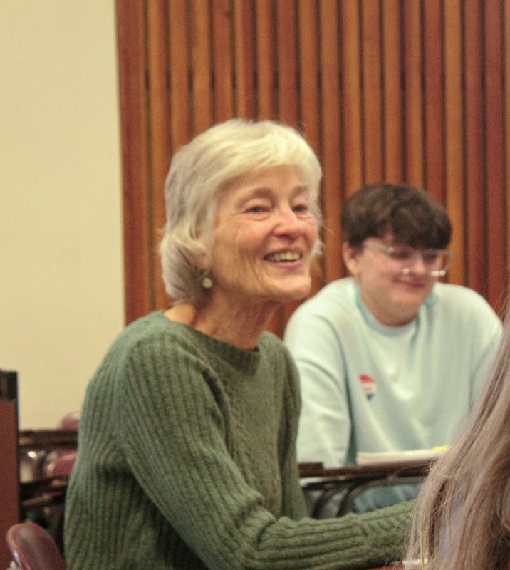 Anne Lobeck laughs during a class