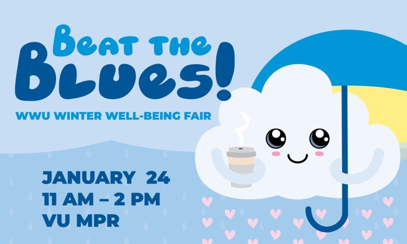 Beat the Blues poster features a happy little raincloud holding a cup of coffee and an umbrella
