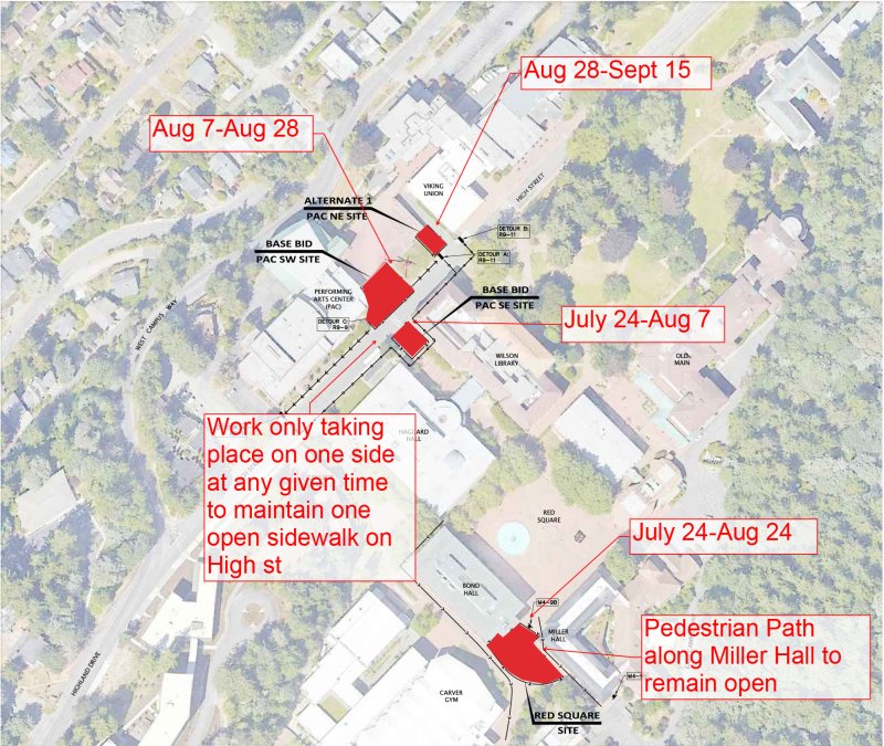 Central campus map showing pedestrian pathway improvements and timing