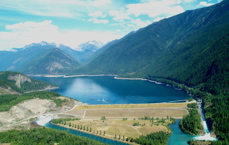 Aerial of the the Duncan Dam across the Duncan River in Howser, British Columbia