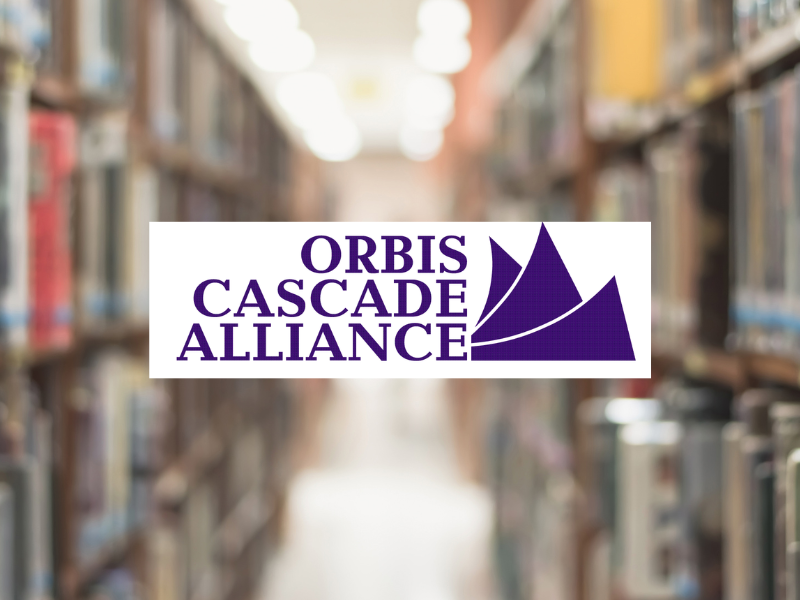 Blurred library bookstacks in the background behind a logo banner that says "Orbis Cascade Alliance" in purple lettering