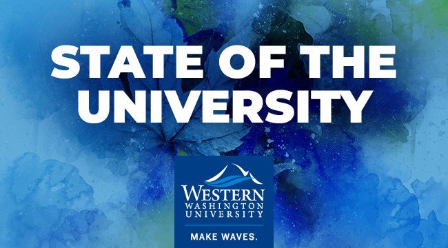 Banner says "state of the university" over blue background