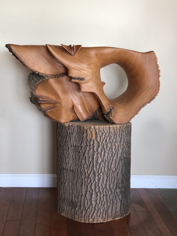 Wooden sculpture titled "Shamel Ash" crafted in 1990