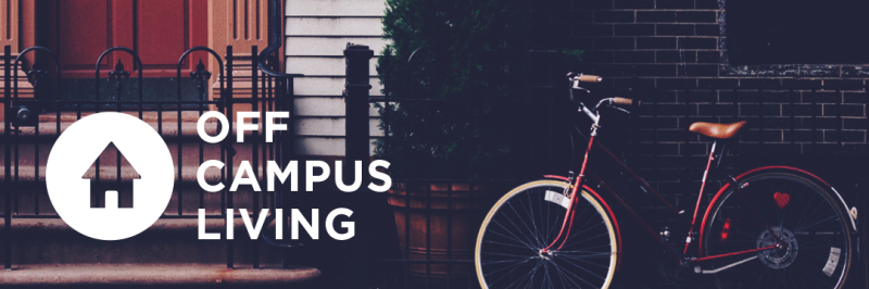 Off Campsu Living banner shows the front of an apartment with a bike chained to a railing