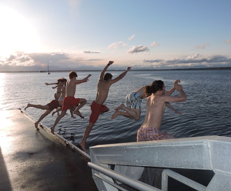 Students leap off a dock into Bellingham Bay