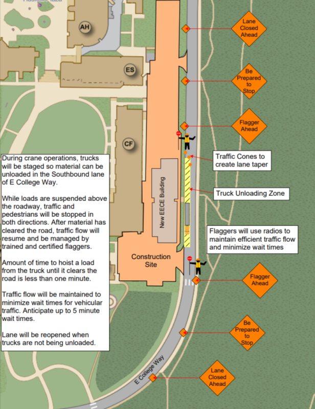 Map shows the areas on campus impacted by the new crane