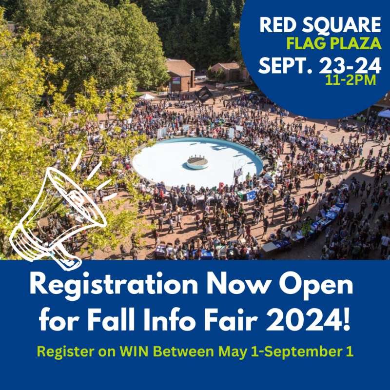 The image is a poster advertising the Fall Info Fair at Red Square Flag Plaza. The fair will be held on September 23rd and 24th from 11am to 2pm. The poster encourages students to register for the fair on WIN between May 1st and September 1st. The poster features a large image of the fair, showing a large crowd of people gathered around the fountain in Red Square. There are also a number of tables and booths set up around the square. The poster also includes the Red Square Flag Plaza logo and the WIN logo.