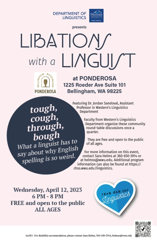 Poster for April 12 "Libations with a Linguist" event