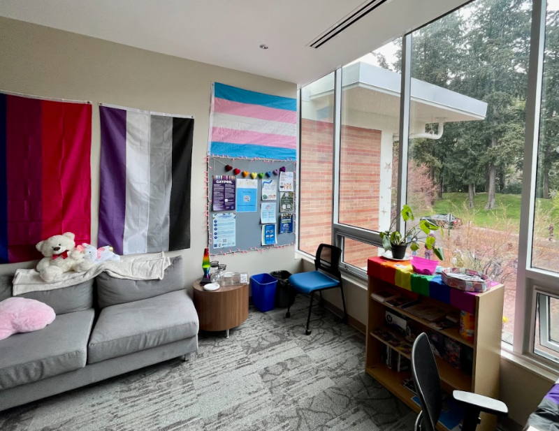 the new LGBTQ+ lounge in the Viking Union has a sunny window facing High Street