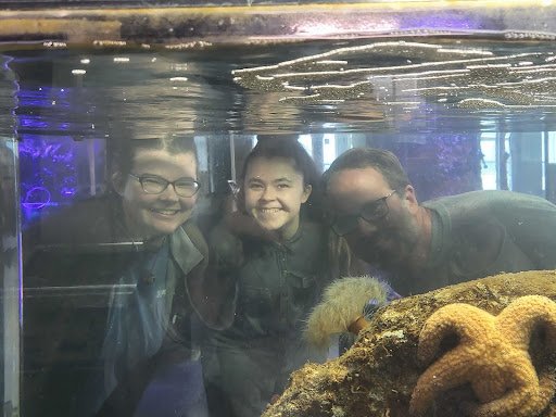 The aquarium staff pose for a picture, framed by the water in a tank