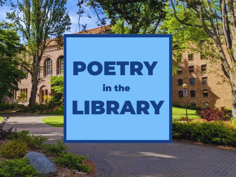 A graphic states "poetry in the library" - behind it is Wilson Library