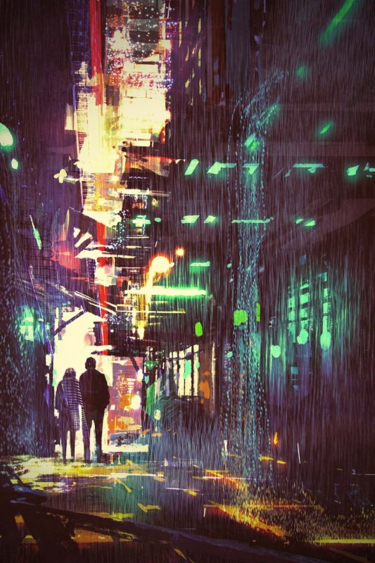 A dimly lit city street with the glow of neon lights silhouette two people standing at the end of an alley