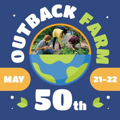 Students working at the Outback Farm as the top of an illustrated earth, with text reading Outback Farm 50th May 21-22