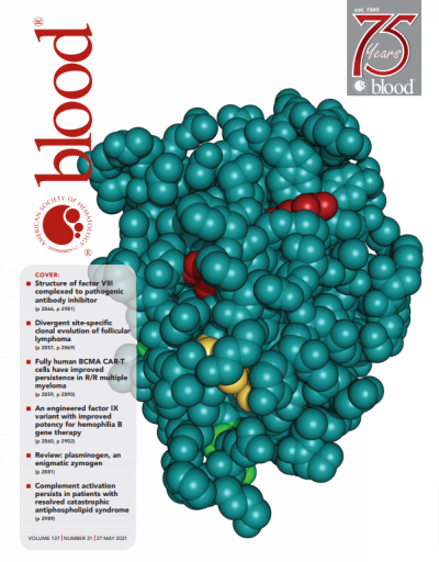Cover of Blood magazine, featuring a nucleus-like structure of green balls containing some red and yellow balls
