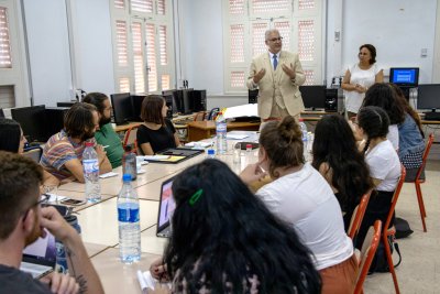 Western's Brian J. Bowe leads a discussion with Rafia Somai with students from Western and IPSI. Western students and faculty spent two weeks working with students and faculty IPSI in Tunisia during September 2019