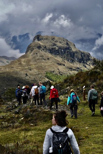 Students explore El Cajas National Park, walking toward a peak seen rising into the clouds.
