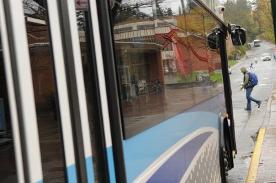 A Whatcom Transportation Authority bus waits for passengers in front of the Viking Commons on High Street at WWU. File photo by Daniel Berman | WWU Communications and Marketing intern