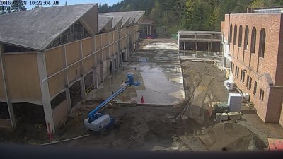 A webcam in Bond Hall shows the center section between gyms A, B and C, left, and gym D, right, on March 28, 2016.
