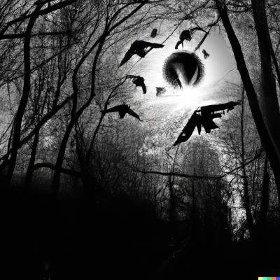 A black and white graphic of tree limbs and birds.