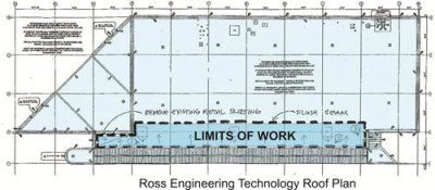 This drawing shows the extent of the area in which repairs will be made to the roof of the Ross Engineering Technology building, starting in mid-June.