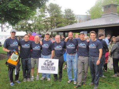 Pictured here, from left to right, is the all-Western Ski-to-Sea team Managing to Maintain: 
Dave Andrews (kayak), Jason Sprinkle (downhill ski), Rick Nichols (mountain bike), Gary Hodge (road bike), John Furman (canoe), Greg Hough (canoe), Ty Holladay (