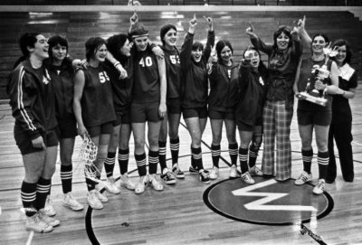 Goodrich (third from right) is shown here with the WWU women's basketball team during her run as the team's coach (1971 to 1990). Goodrich posted a 411-125 record in 19 seasons with the team, never having a losing season, reaching post-season play 18 time