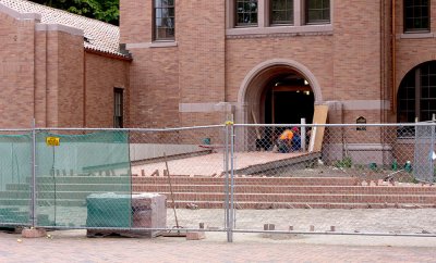 Construction workers finish laying the brick in the courtyard in front of the renovated Miller Hall on the Western Washington University campus Wednesday, Aug. 10. Photo by Christopher Wood | University Communications intern