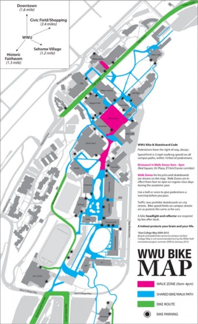 A map of the bike routes on campus, including the designated walk zones (in pink).