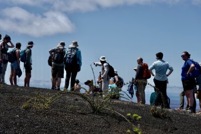 The group examines a new lava flow from the caldera of Sierra Negro volcano on Isabela Island.