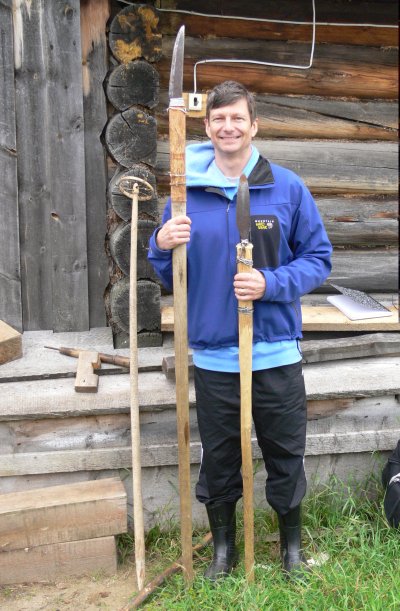 Ed Vajda in Siberia in 2008, holding a traditional bear-hunting spear.