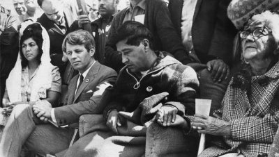 Cesar Chavez, flanked by Bobby Kennedy, on his hunger strike for migrant farmworkers' rights in 1968