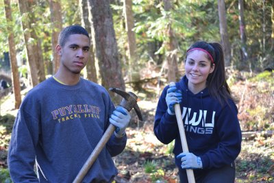 Student leadership scholars in their first quarter at Western Washington University worked to stabilize the Laurel Canyon Creek salmon habitat this past weekend as part of Whatcom County’s Make a Difference Day. Courtesy photo