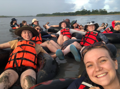 Students take a selfie while tubing down the Rio Napo in Ecuador