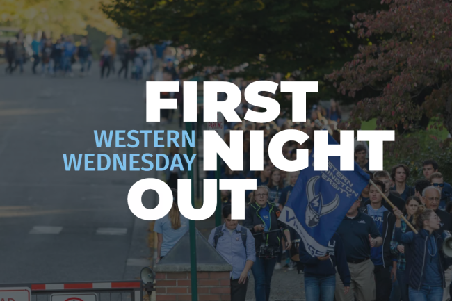 A crowd of students marching in a festive gathering with banners and flags, titled "First Western Night Out."