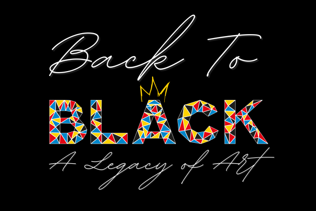 Black History Month banner has the wordmark "Back to Black: A legacy of Art" on a black background