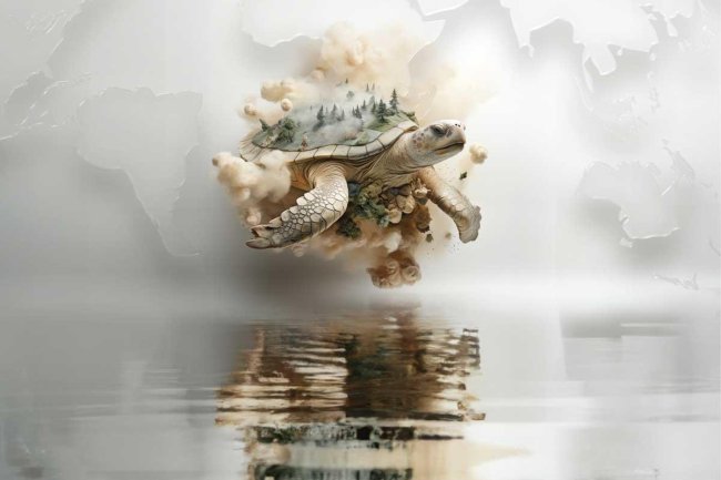 Digital artwork for Indigenous People's Day by local artist Beau Garreau showing a tortoise emerging from a gray and white planet Earth with a near mirror-like reflection in still water.