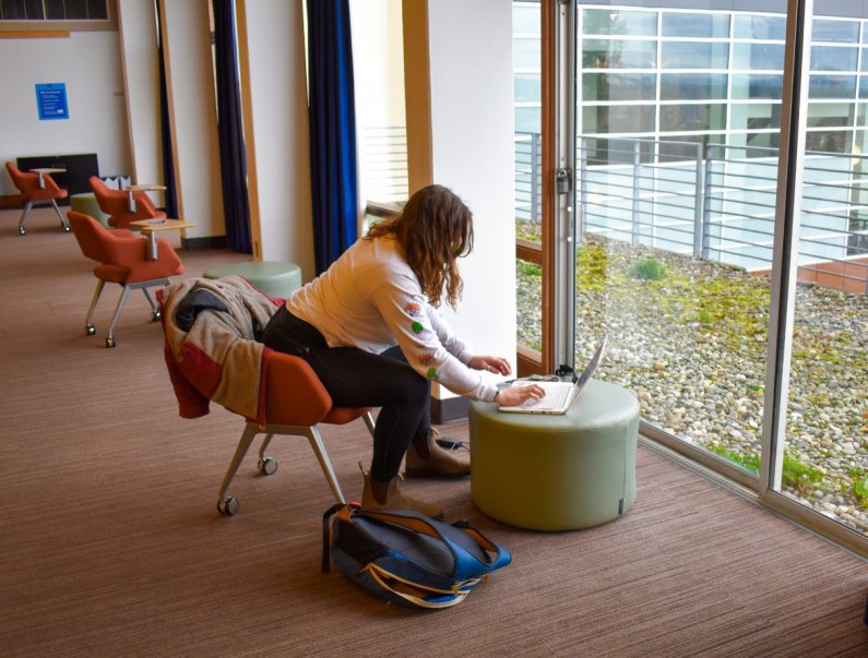 A student works on a laptop in front of a window in the study area now open in Viking Union.