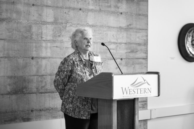John Lawson's mother, Wilma, shares a few words about Lawson's caring and protective nature during a retirement celebration for Lawson June 30, 2016, at Western Washington University. Photo by Jonathan Williams / WWU