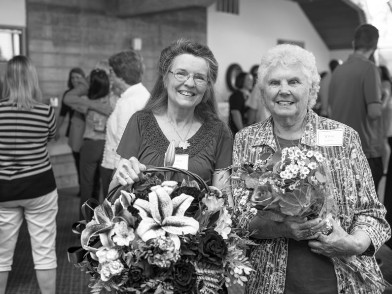 John Lawson's wife, Sue Ann, and mother, Wilma, pose for a photo at a retirement celebration held in Lawson's honor June 30, 2016, in the Old Main Solarium at Western Washington University. Photo by Jonathan Williams / WWU