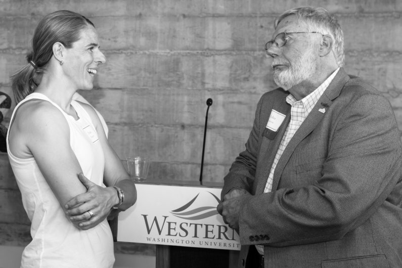 John Lawson chats with Paula Dagnon, an associate professor of Elementary Education in Woodring College of Education, at a retirement party held in his honor June 30, 2016. Photo by Jonathan Williams / WWU