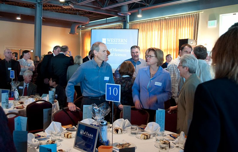 Attendees of the Bellingham Business Forum, held March 18 at the Hotel Bellwether in Bellingham, socialize during the annual event, which is organized by the Western Washington University Foundation. Photo by Laurie Rossman | WWU