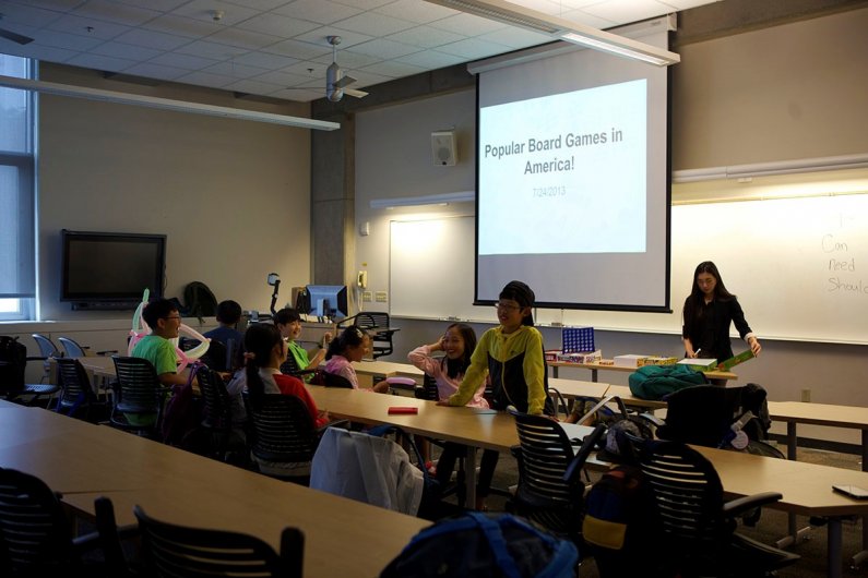 In Friday’s English lesson, South Korean students participate in learning the popular board games in America.  Photo by Mariko Osterberg / WWU Communications and Marketing intern 